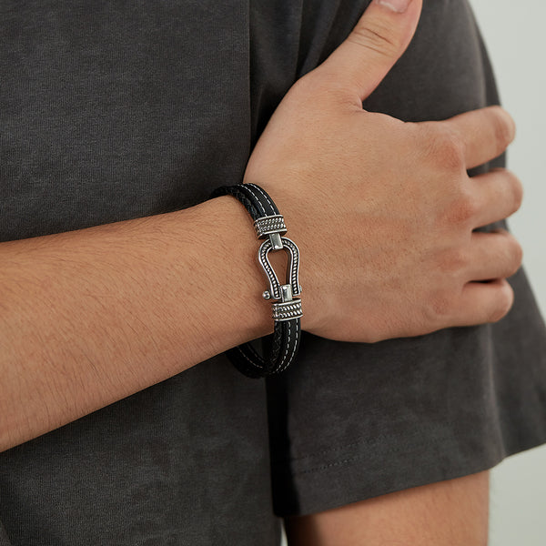 Men's Nautical Leather Bracelet with Stainless Steel Carabiner Clasp - Adventurous and Rugged Accessory-Men's Bracelet-SunnyHouse Jewelry