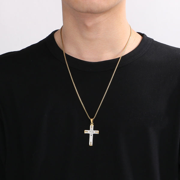 Men’s Titanium Stainless Steel Cross Pendant Necklace – Gold-Plated Religious Necklace with Greek Key Design – Durable Christian Jewelry for Men-Men's Pendant Necklace-SunnyHouse Jewelry