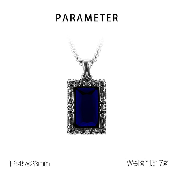 Men’s Titanium Stainless Steel Blue Stone Pendant Necklace – Vintage-Style Rectangular Pendant with Intricate Detailing – Durable Fashion Necklace for Men-Men's Pendant Necklace-SunnyHouse Jewelry