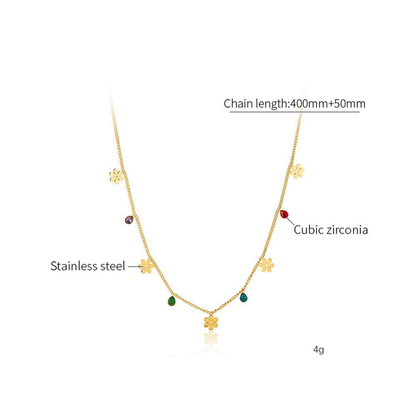 Women's Titanium Stainless Steel Flower and Gemstone Charm Necklace – Gold-Plated Chain – Hypoallergenic & Tarnish Resistant-Women's Necklace-SunnyHouse Jewelry