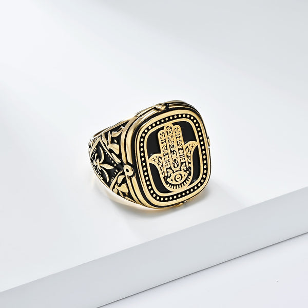 Men's Hamsa Hand Ring - Vintage Black Engraved Signet Ring for Protection and Style-Men's Ring-SunnyHouse Jewelry