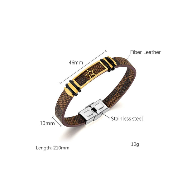 Men's Titanium Stainless Steel Bracelet with Textured Leather and Star Motif - Durable and Stylish Accessory-Men's Bracelet-SunnyHouse Jewelry