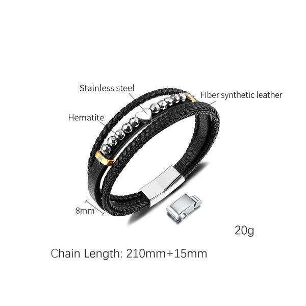 Men's Multi-Strand Leather Bracelet with Heart and Stainless Steel Beads – Stylish, Magnetic Closure-Men's Bracelet-SunnyHouse Jewelry