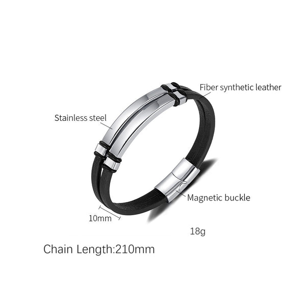 Men's Sleek Leather Bracelet with Polished Stainless Steel Bar - Minimalist and Stylish Accessory-Men's Bracelet-SunnyHouse Jewelry