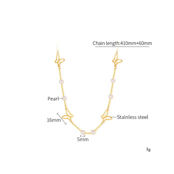 Women’s Butterfly Pendant Necklace – Gold Plated Titanium Stainless Steel with Faux Pearls – Dainty Hypoallergenic Chain Necklace – Elegant Nature-Inspired Jewelry-Women's Necklace-SunnyHouse Jewelry
