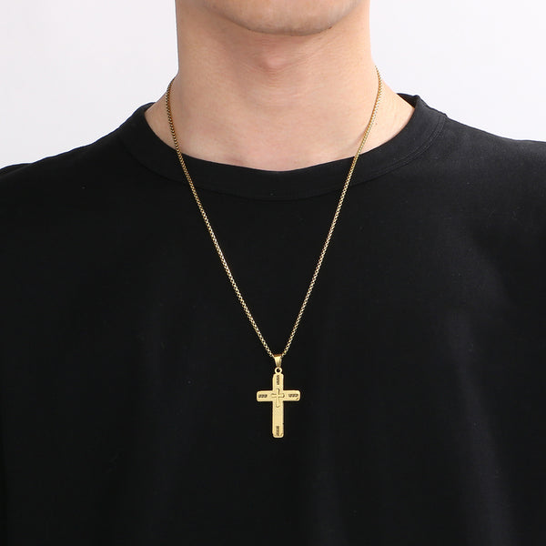 Men’s Titanium Stainless Steel Cross Pendant Necklace – Gold-Plated Religious Necklace with Greek Key Design – Durable Christian Jewelry for Men-Men's Pendant Necklace-SunnyHouse Jewelry