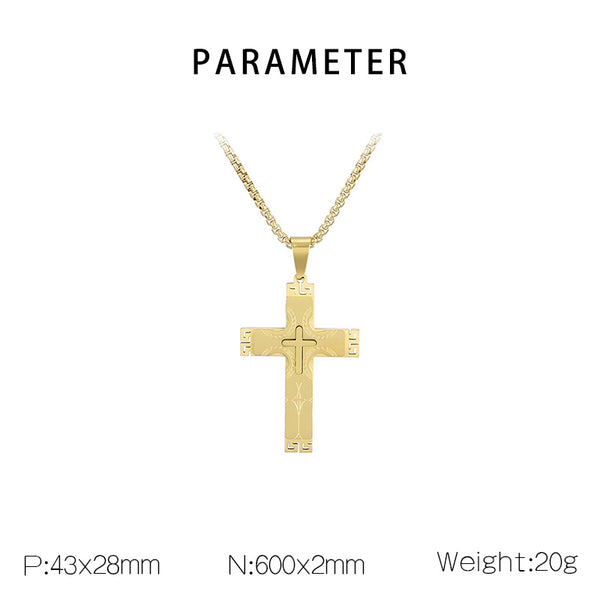 Men’s Titanium Stainless Steel Cross Pendant Necklace – Gold-Plated with Greek Key Engravings – Durable Christian Jewelry for Men-Men's Pendant Necklace-SunnyHouse Jewelry