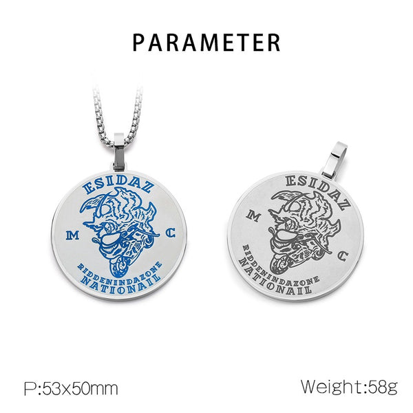 Men’s Titanium Stainless Steel Pendant Necklace – Circular Medallion Design with Engraved Blue Pattern – Durable Fashion Necklace for Men-Men's Pendant Necklace-SunnyHouse Jewelry
