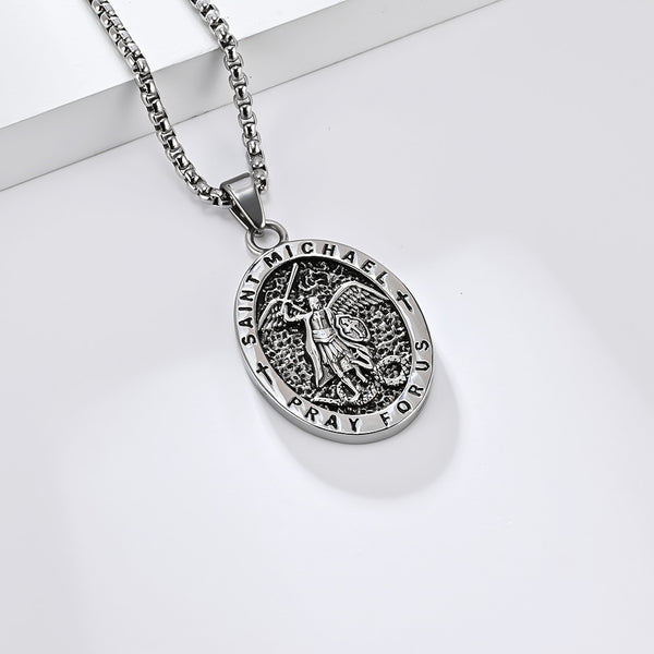 Saint Michael Pendant Necklace for Men, Oval Necklace, Religious Protection Medal, Christian Jewelry, Hypoallergenic & Durable Chain-Men's Pendant Necklace-SunnyHouse Jewelry