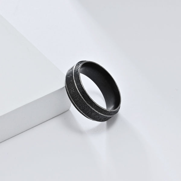 Men's Black Titanium Stainless Steel Ring with Viking Runic Engraving, Unique Symbolic Design, Durable, Comfortable Fit, Perfect for Gifts or Everyday Wear-Men's Ring-SunnyHouse Jewelry