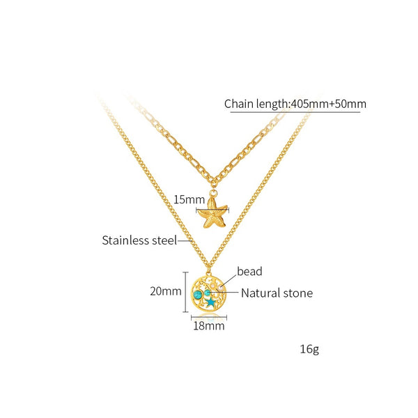 Women’s Fashion Pendant Necklace – Double Layer Gold Starfish & Ocean Round Pendant with Turquoise Inlay – Beach Jewelry for Women-Women's Necklace-SunnyHouse Jewelry