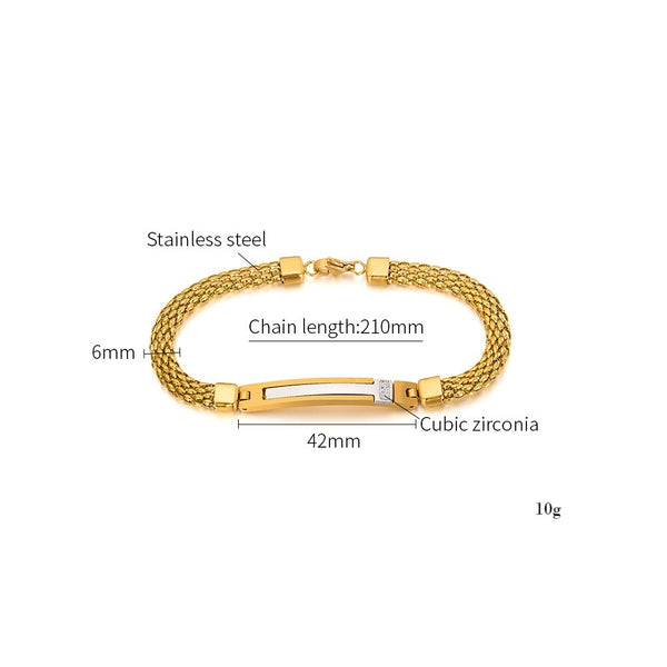 Men’s Titanium Stainless Steel Bracelet – Gold Plated Woven Chain with White Inlay & CZ Accent – Durable, Stylish & Hypoallergenic Jewelry for Men-Men's Bracelet-SunnyHouse Jewelry