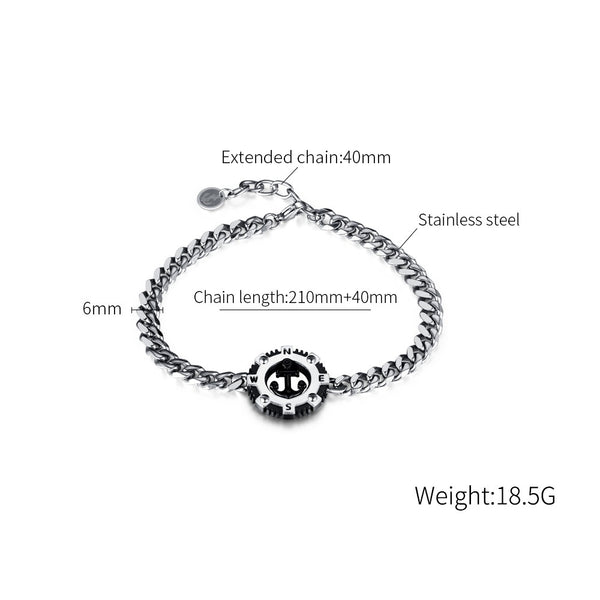 Titanium Stainless Steel Nautical Compass Men's Bracelet – Adjustable, Sleek Chain Link with Anchor Design-Men's Bracelet-SunnyHouse Jewelry