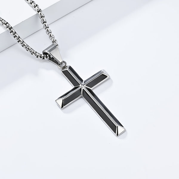 Men's Titanium Stainless Steel Cross Pendant Necklace with Black Inlay - Elegant and Bold Accessory-Men's Pendant Necklace-SunnyHouse Jewelry