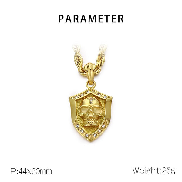 Men’s Titanium Stainless Steel Skull Pendant Necklace – Gold-Plated Shield Design with Crystals – Durable Fashion Necklace for Men-Men's Pendant Necklace-SunnyHouse Jewelry
