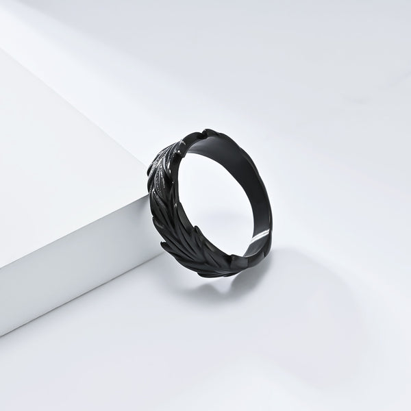 Men's Black Leaf Design Ring - Unique Matte Finish Vintage Band for Everyday Wear-Men's Ring-SunnyHouse Jewelry