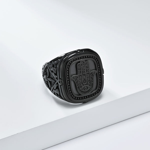 Men's Hamsa Hand Ring - Vintage Black Engraved Signet Ring for Protection and Style-Men's Ring-SunnyHouse Jewelry