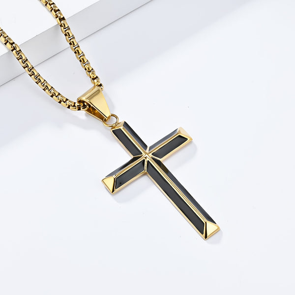 Men's Titanium Stainless Steel Cross Pendant Necklace with Black Inlay - Elegant and Bold Accessory-Men's Pendant Necklace-SunnyHouse Jewelry