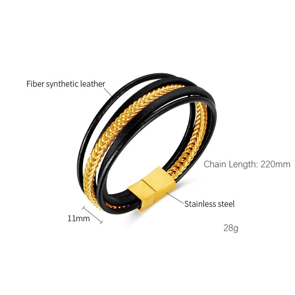 Elegant Men's Leather and Gold Plated Braided Bracelet – Modern, Versatile Design with Secure Clasp-Men's Bracelet-SunnyHouse Jewelry