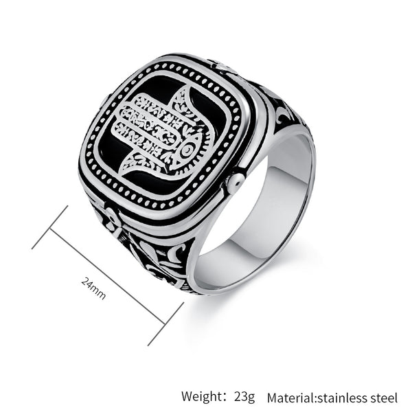 Men's Hamsa Hand Ring - Vintage Black Engraved Signet Ring for Protection and Style-Men's Ring-SunnyHouse Jewelry