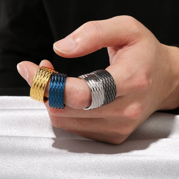 Men's Titanium Stainless Steel Ring – Wide Gold-Plated Band with Textured Diamond Pattern – Durable Fashion Ring for Men-Men's Ring-SunnyHouse Jewelry