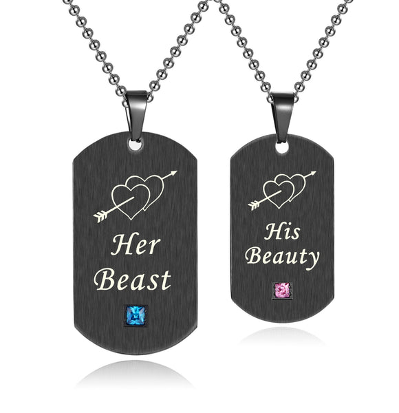 His & Hers Matching Set Her Beast His Beauty Tag Pendant Necklace Couple Jewelry Set-Couple Necklace-SunnyHouse Jewelry
