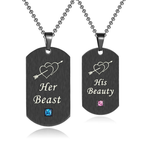His & Hers Matching Set Her Beast His Beauty Tag Pendant Necklace Couple Jewelry Set-Couple Necklace-SunnyHouse Jewelry