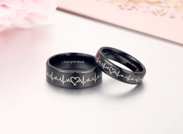 His & Hers Matching Set Heart Beat Chart Couple Rings Wedding Band Set-Couple Rings-SunnyHouse Jewelry