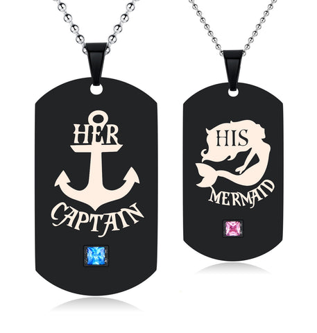 His & Hers Matching Set Her Captain His Mermaid Tag Pendant Necklace Couple Jewelry Set-Couple Necklace-SunnyHouse Jewelry
