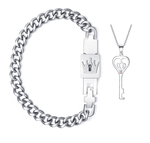 His & Hers Matching Set King Queen Key Lock Bracelet and Pendant Couple Jewelry Set-Couple Bracelets-SunnyHouse Jewelry