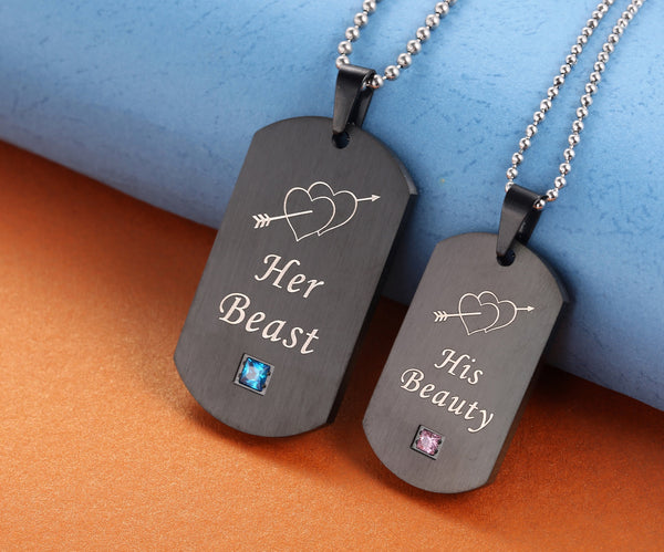 His & Hers Matching Set Her Beast His Beauty Tag Pendant Necklace Couple Jewelry Set-Couple Necklace-SunnyHouse Jewelry