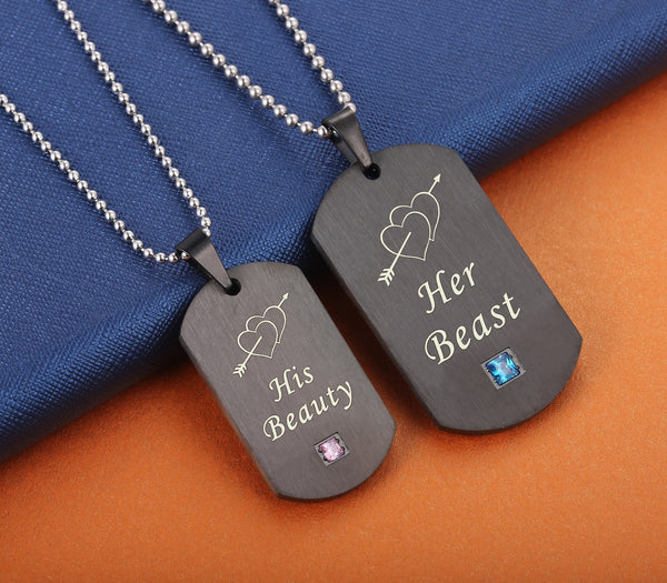 His & Hers Matching Set Her Beast His Beauty Tag Pendant Necklace Couple Jewelry Set-Couple Necklace-SunnyHouse Jewelry