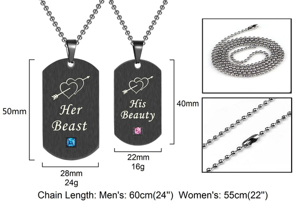 His & Hers Matching Set Her Beast His Beauty Tag Pendant Necklace Couple Jewelry Set-Couple Necklace-SunnyHouse Jewelry