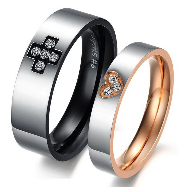 His & Hers Matching Set Cross and Heart Couple Rings, Wedding Band Set, Valentine, Anniversary, Wedding, Promise, Engagement Ring-Couple Rings-SunnyHouse Jewelry