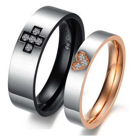 His & Hers Matching Set Cross and Heart Couple Rings, Wedding Band Set, Valentine, Anniversary, Wedding, Promise, Engagement Ring-Couple Rings-SunnyHouse Jewelry