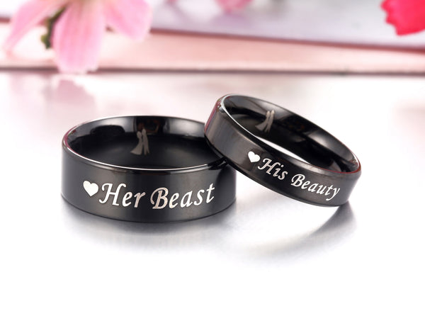 His & Hers Matching Set Beast and Beauty Couple Rings, Wedding Band Set, Valentine, Anniversary, Wedding, Promise, Engagement Ring-Couple Rings-SunnyHouse Jewelry